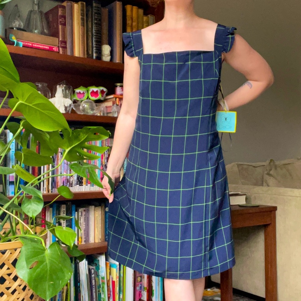 Grid print ruffle shoulder dress CeCe